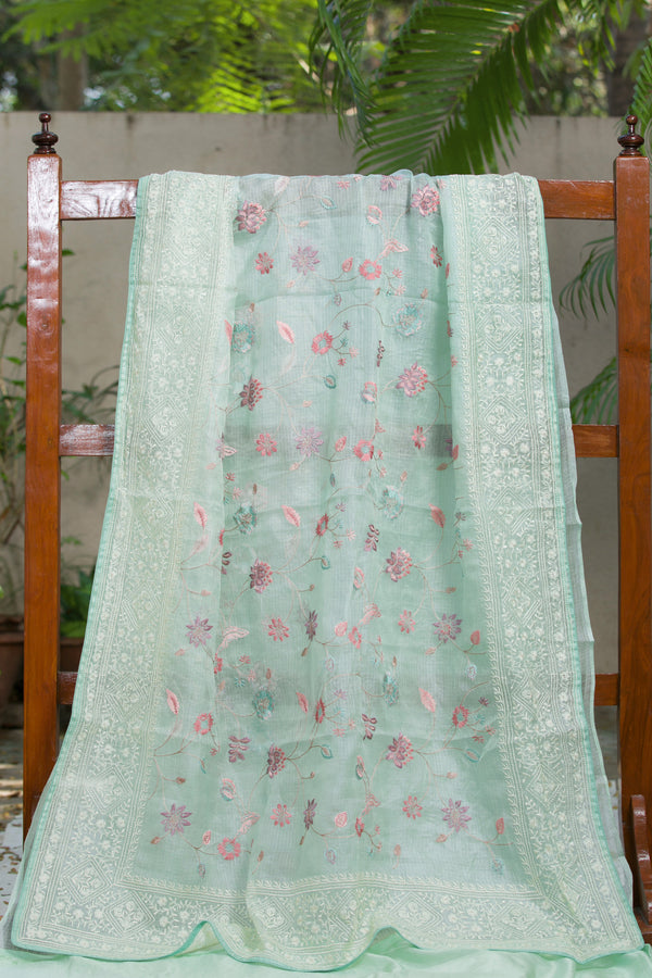 Floral Design on Green Kota Silk Saree