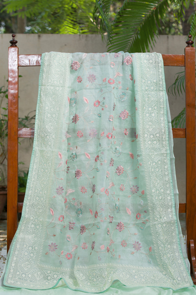 Floral Design on Green Kota Silk Saree