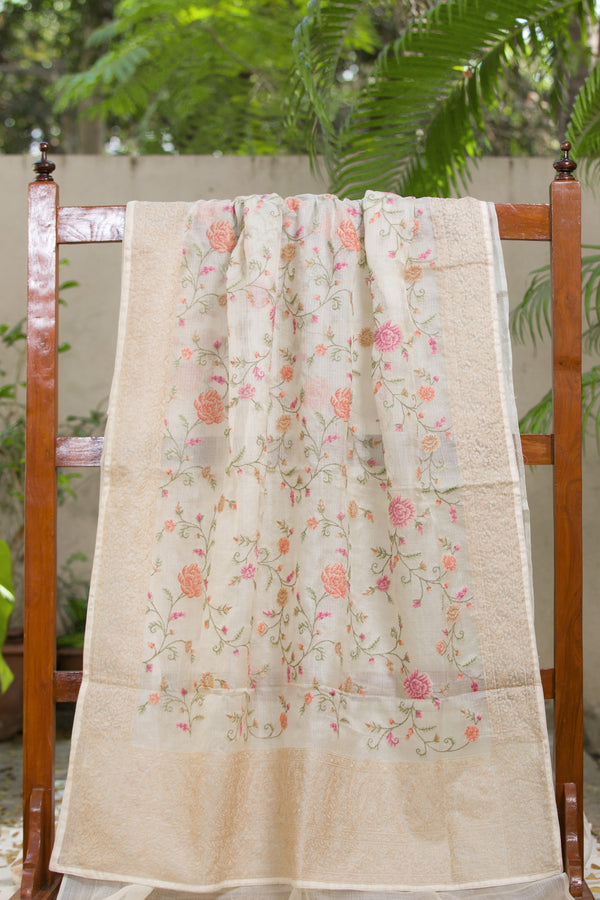 Floral Embroidered Kota Silk Saree in Cream and Peach