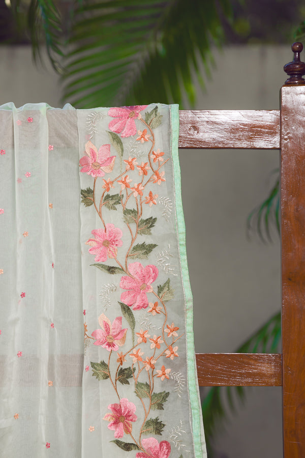 Floral Embroidered Organza Saree with Green Border and Tassels