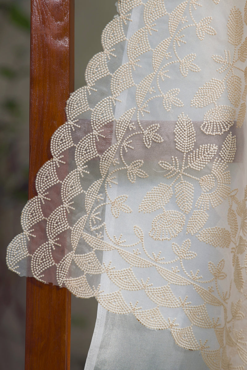 Floral Embroidered Snow Garden Silk Organza Saree in White – A soft white silk organza saree with beige floral embroidery and a detailed border.