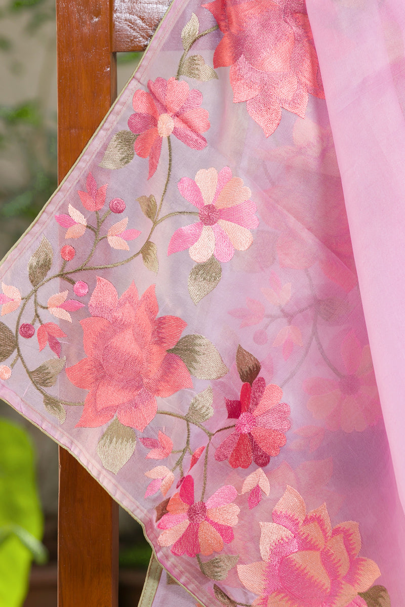 Floral Embroidery on Rosealine Pink Organza Saree