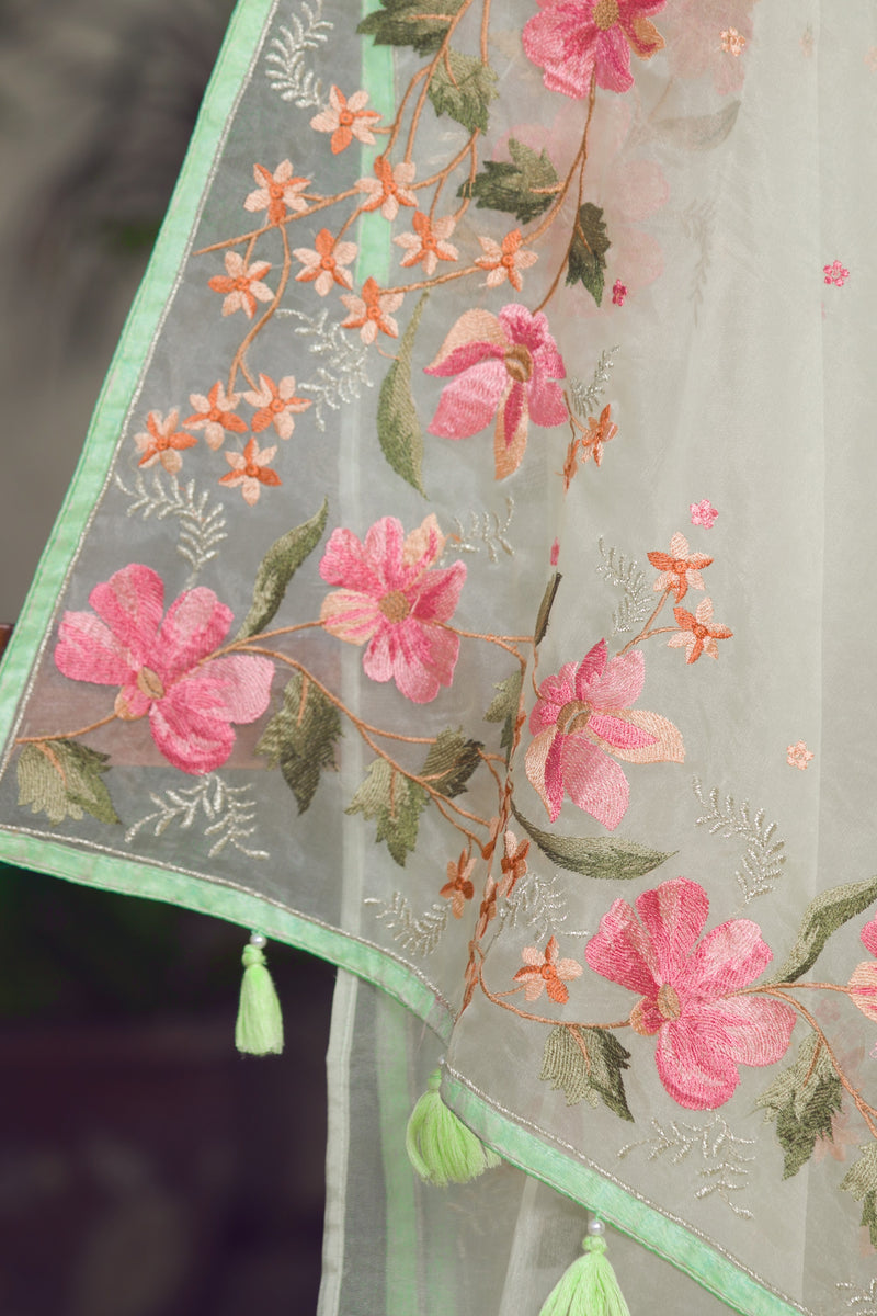 Floral Pattern Organza Saree with Green Trim and Tassel Details