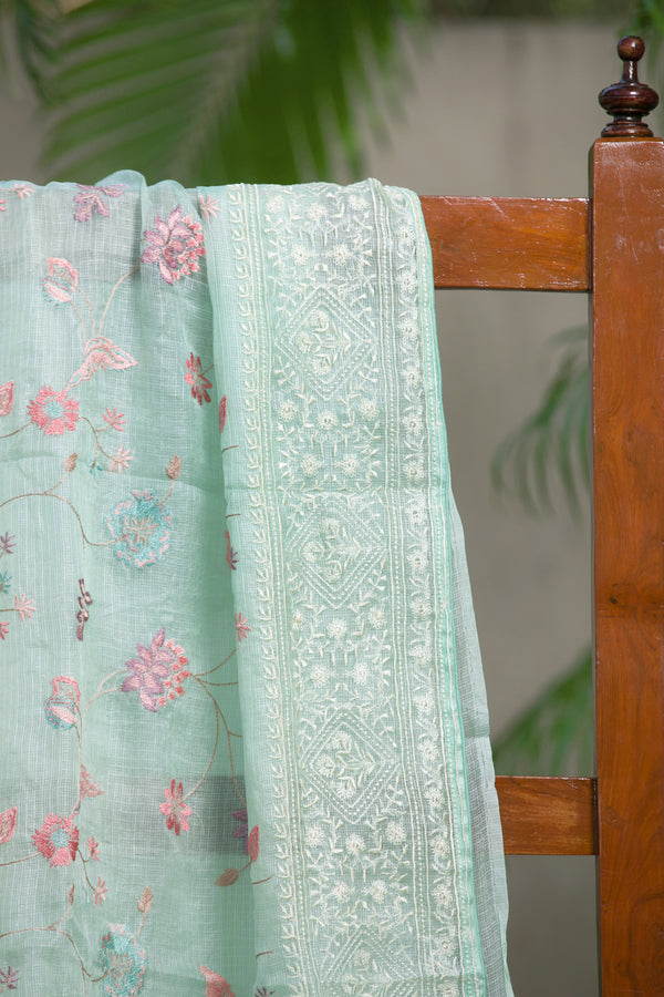 Gorgeous Green Kota Silk Saree with Floral Embroidery