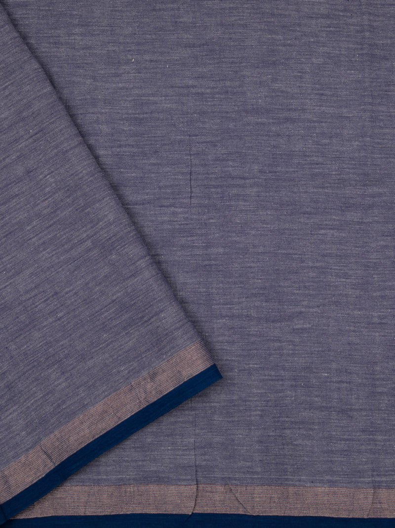 Handcrafted blue and beige striped cotton saree with fringe finish