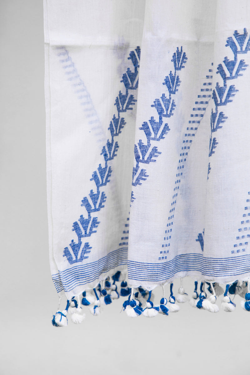 Handcrafted Milkyway Jamdani Stole with Blue Accents and Decorative Tassels