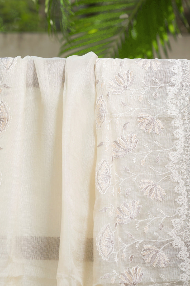 Handcrafted Off-White Kota Silk Saree with Floral Embroidery for Weddings