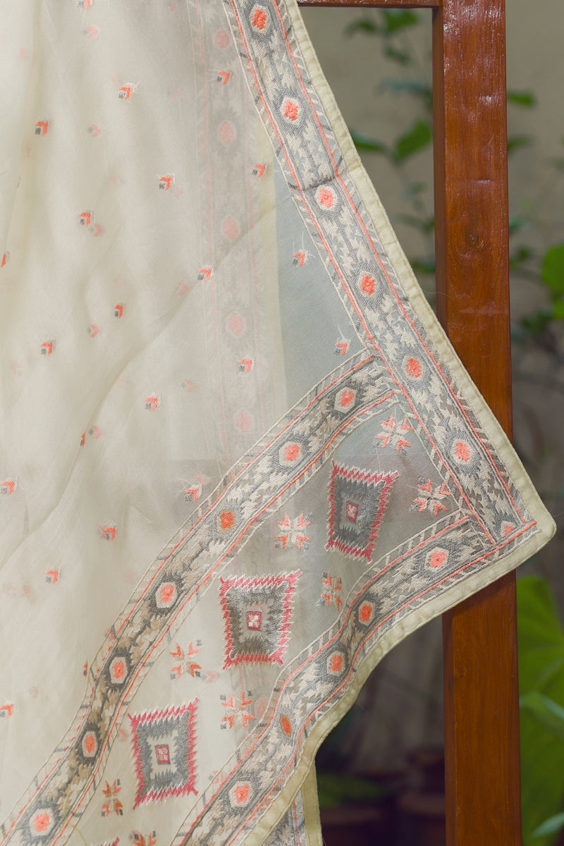 Handcrafted Silk Organza Saree with Coral and Grey Threadwork