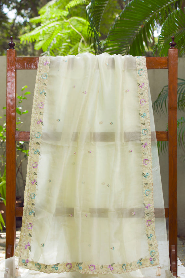 Lightweight organza saree in ivory with pearl-beaded edge and tiny buti motifs