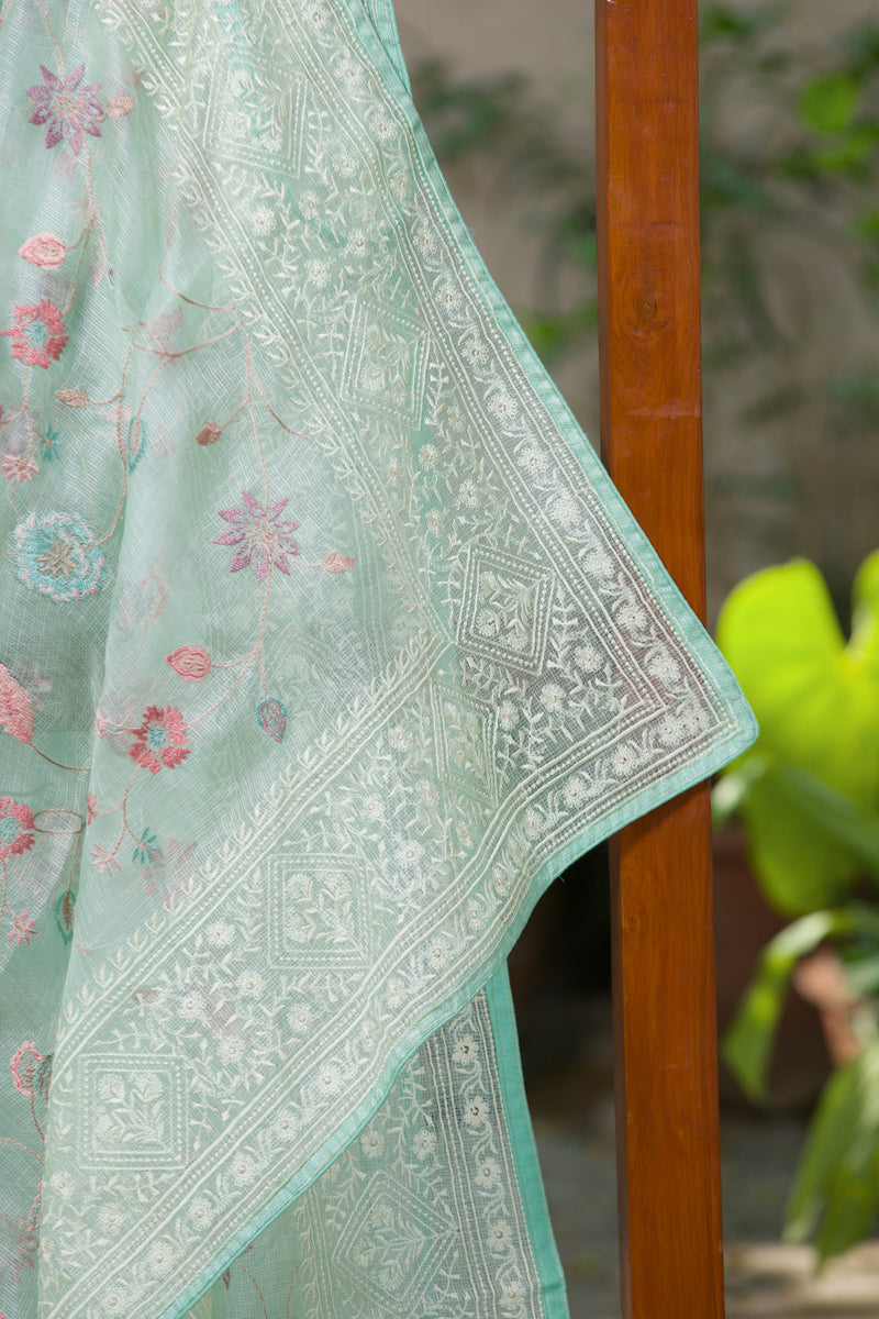 Light Green Kota Silk Saree with Beautiful Floral Patterns