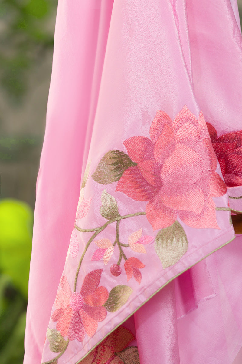 Light Pink Organza Saree with Floral Embroidery Design