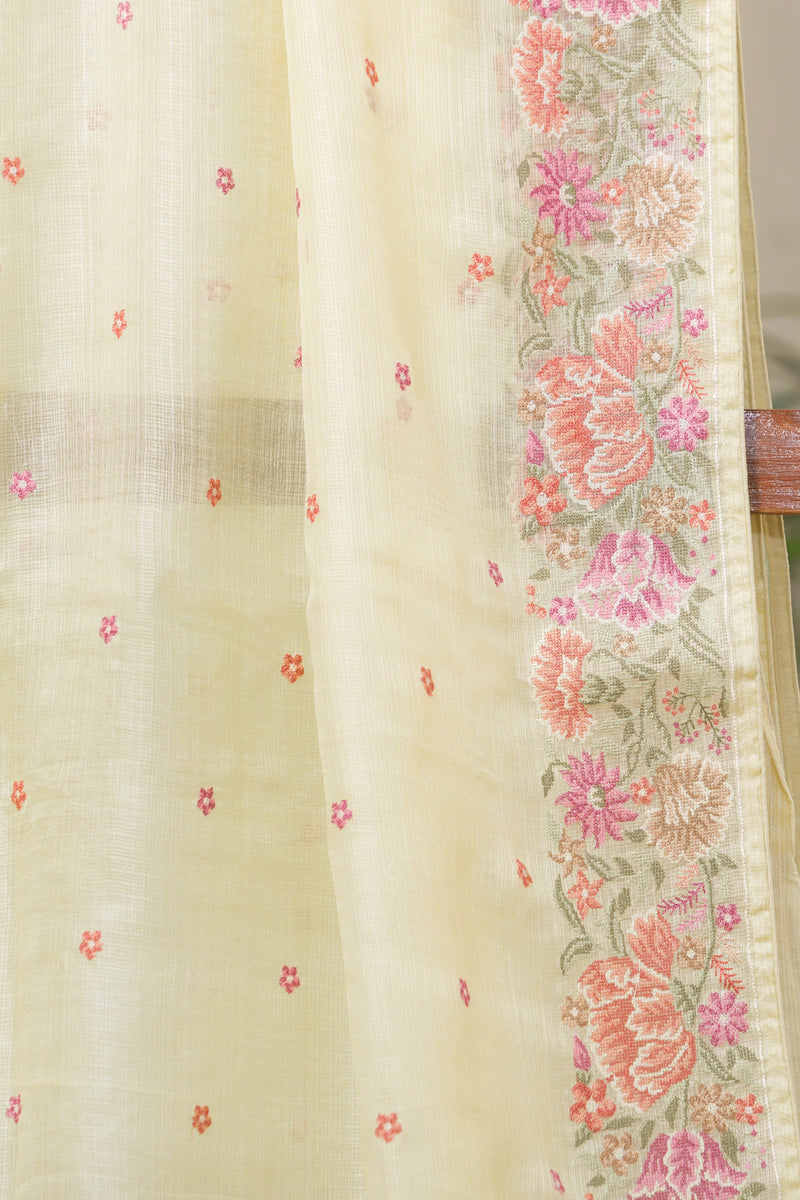 Light Yellow Kota Silk Saree with Pink Floral Embroidery