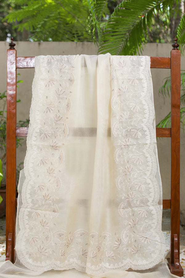 Luxury Off-White Kota Silk Saree Featuring Delicate Floral Embroidery