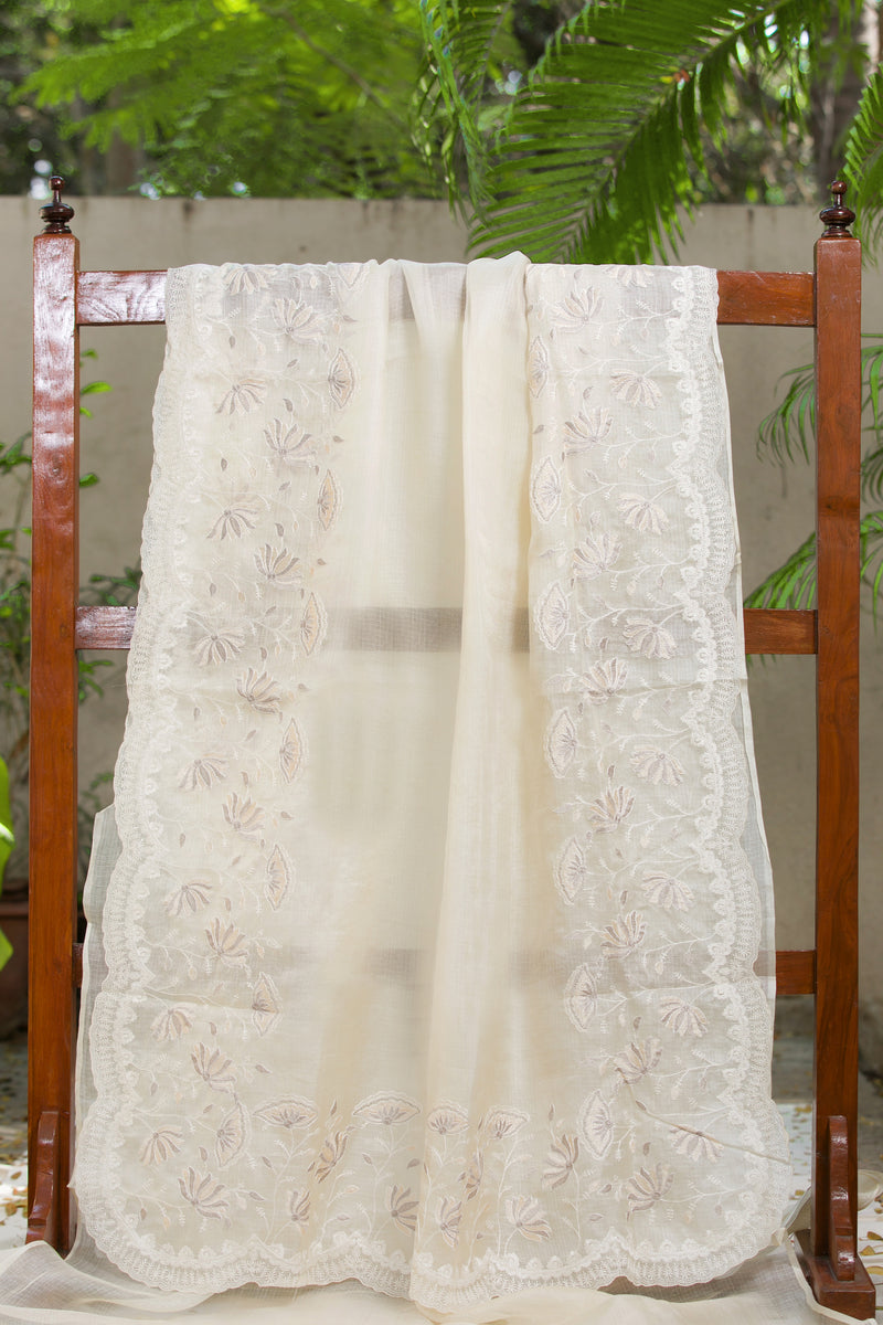 Luxury Off-White Kota Silk Saree Featuring Delicate Floral Embroidery
