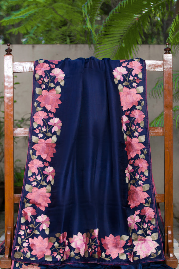Luxury Rosealine Blue Organza Saree with Intricate Floral Work