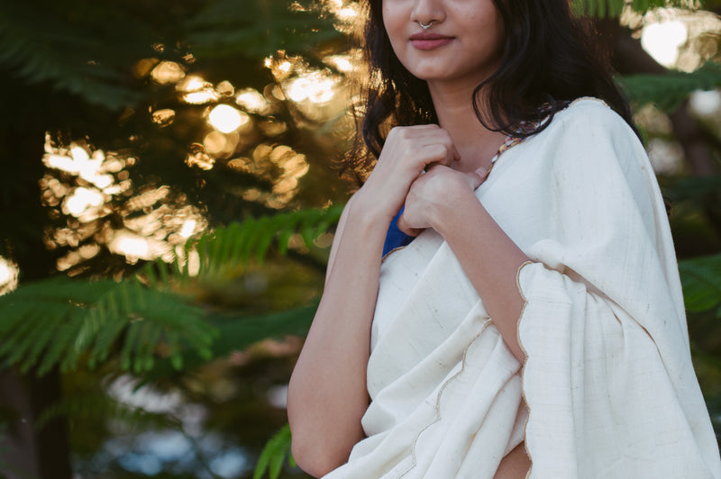 Luxury White Katiya Silk Cotton Saree with Gold Details