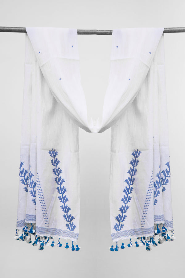 Milkyway Jamdani Stole with Blue Floral Embroidery and Tassel Detail