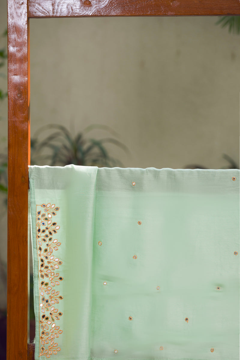 Mirror Work Organza Saree in Moroccan Green with Golden Floral Borders