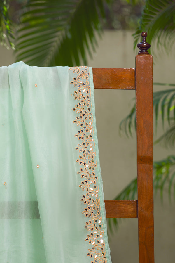 Moroccan Green Mirror Work Organza Saree with Golden Border