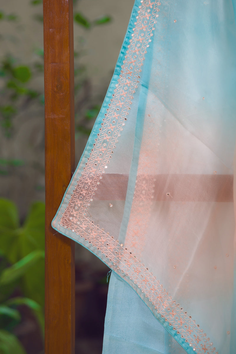Organza Silk Saree with Peach and Aqua Blue Gradient and Embroidery