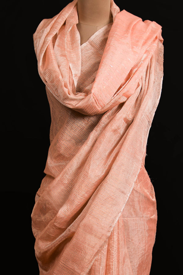 Peach Tissue Linen Saree with Subtle Shine – Elegant Lightweight Party Wear