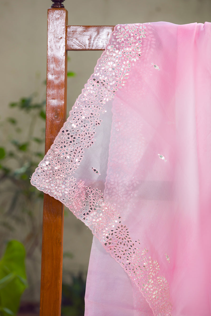 Lightweight pink organza saree close-up showing floral cutwork and mirror embellishment