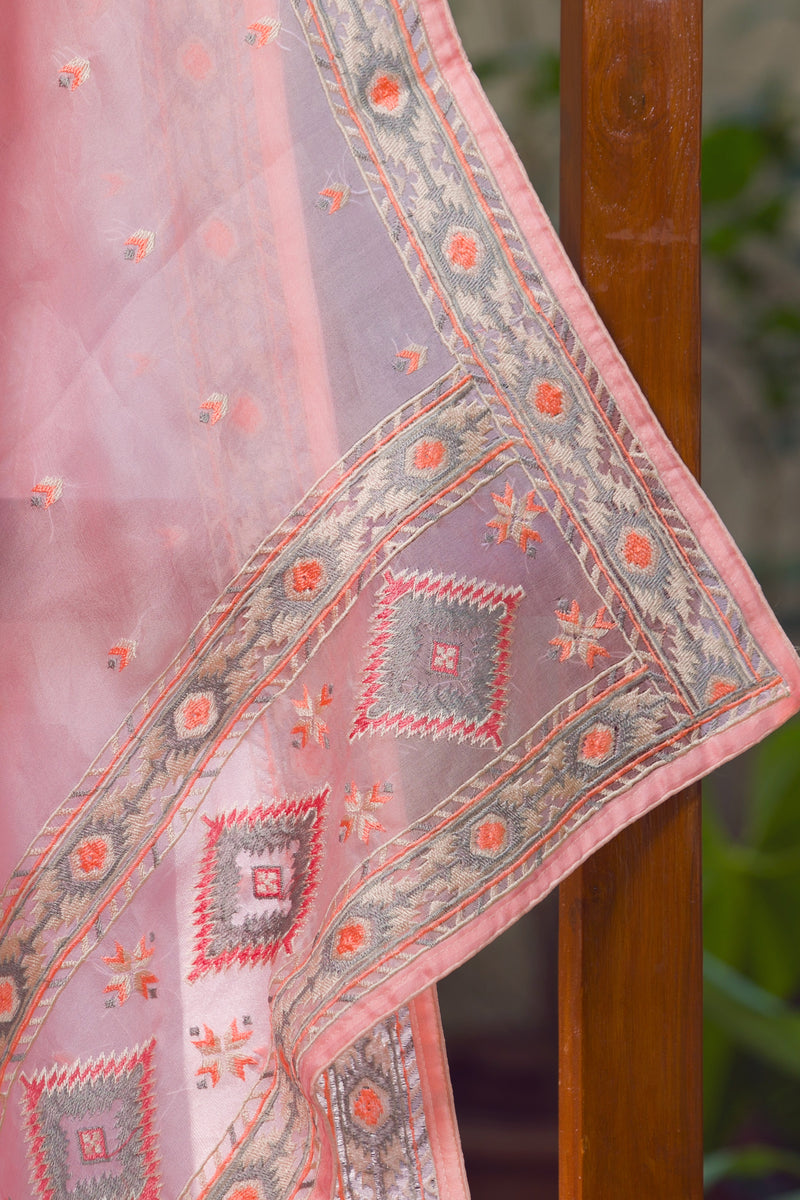 Pink Silk Organza Saree with Embroidered Border and Design – A detailed shot of the embroidered border and unique design of a pink silk organza saree.