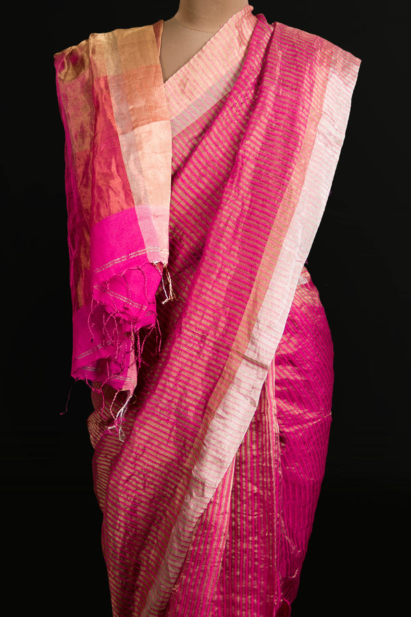 Elegant Pink Tissue Linen Saree with Subtle Stripes