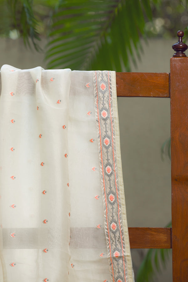 Pure Bliss Silk Organza Saree with Intricate Embroidery and Coral Detailing