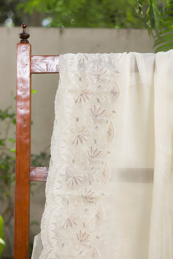 Pure Off-White Kota Silk Saree with Elegant Floral Embroidery Detail