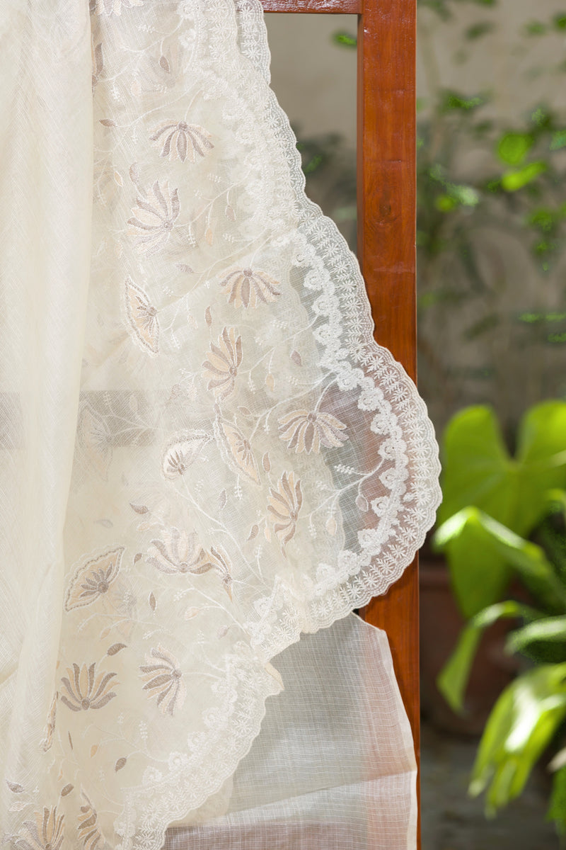 Pure Off-White Kota Silk Saree with Intricate Floral Embroidery for Special Occasions