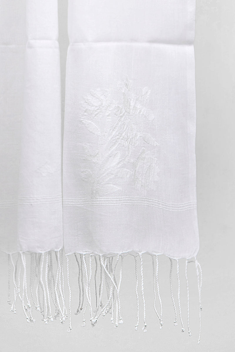 Pure white Bengal Jamdani stole, airy cotton weave with delicate self floral motifs and knotted tassels