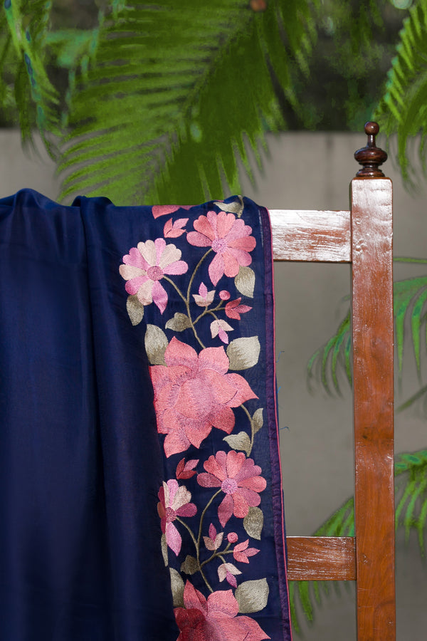 Rosealine Blue Organza Saree with Pink Floral Embroidery