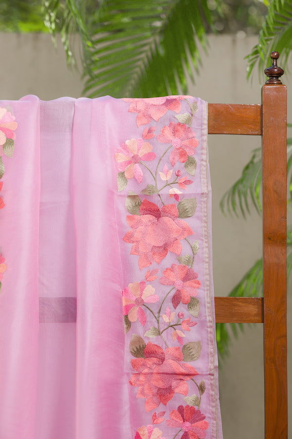 Rosealine Pink Organza Saree with Floral Embroidery