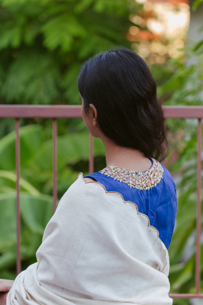 Saree with Golden Scalloped Edging in Soft Winter Moon Color