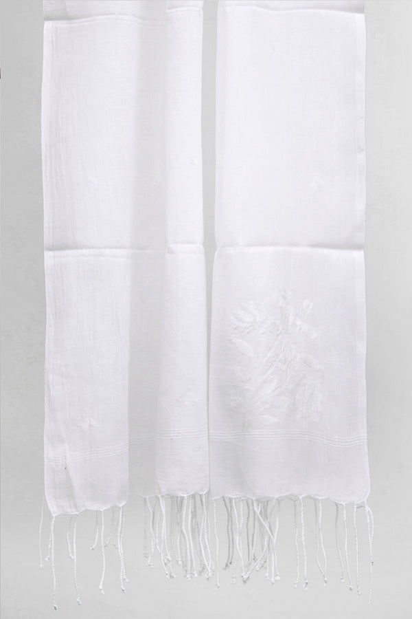 Snow white Jamdani muslin scarf, lightweight with white-on-white floral pattern and fringed ends