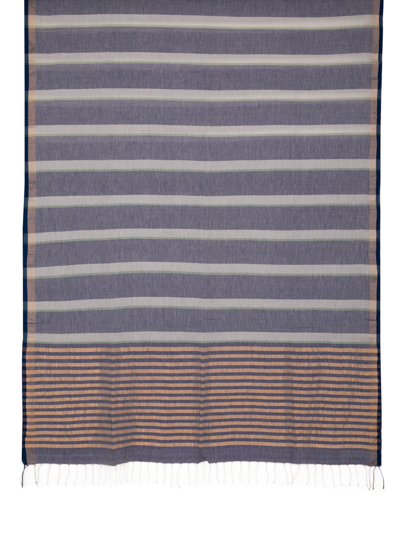Soft cotton saree with green and blue stripes and traditional handwoven design