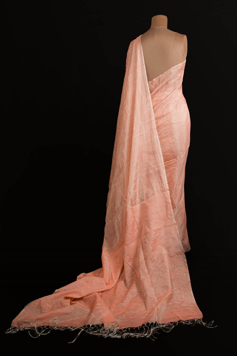 Soft Peach Tissue Linen Saree with Handcrafted Texture for Women