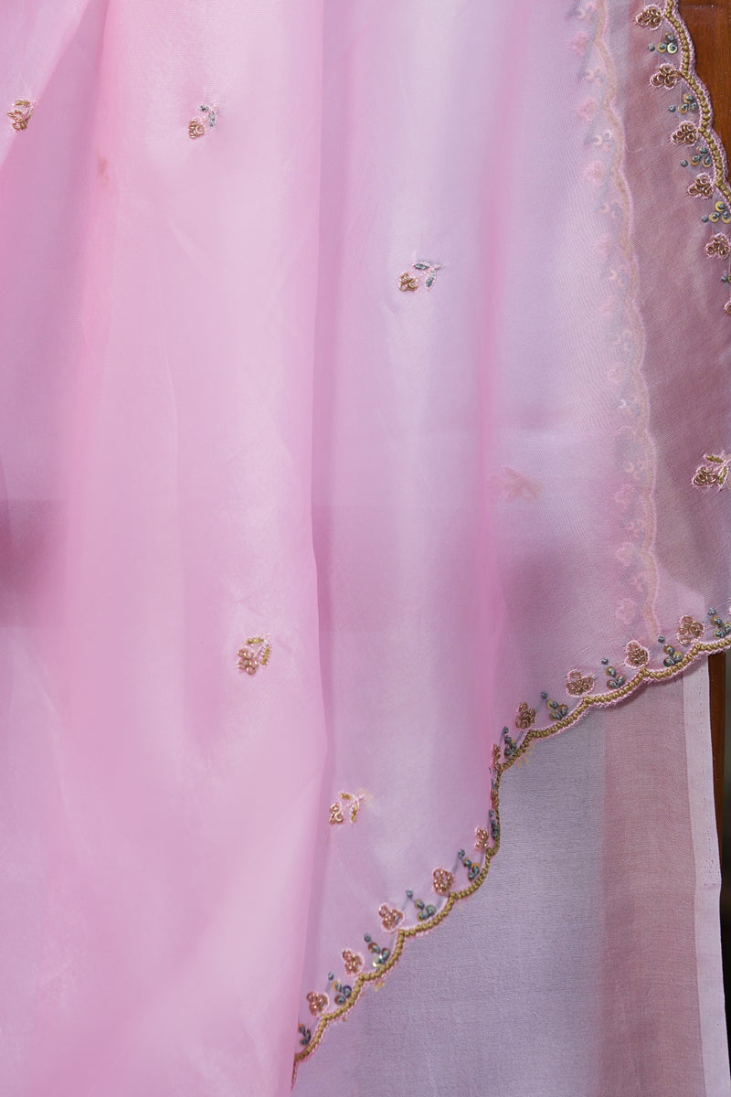 Soft pink Fairyland organza silk saree with detailed floral embroidery and decorative gold border.