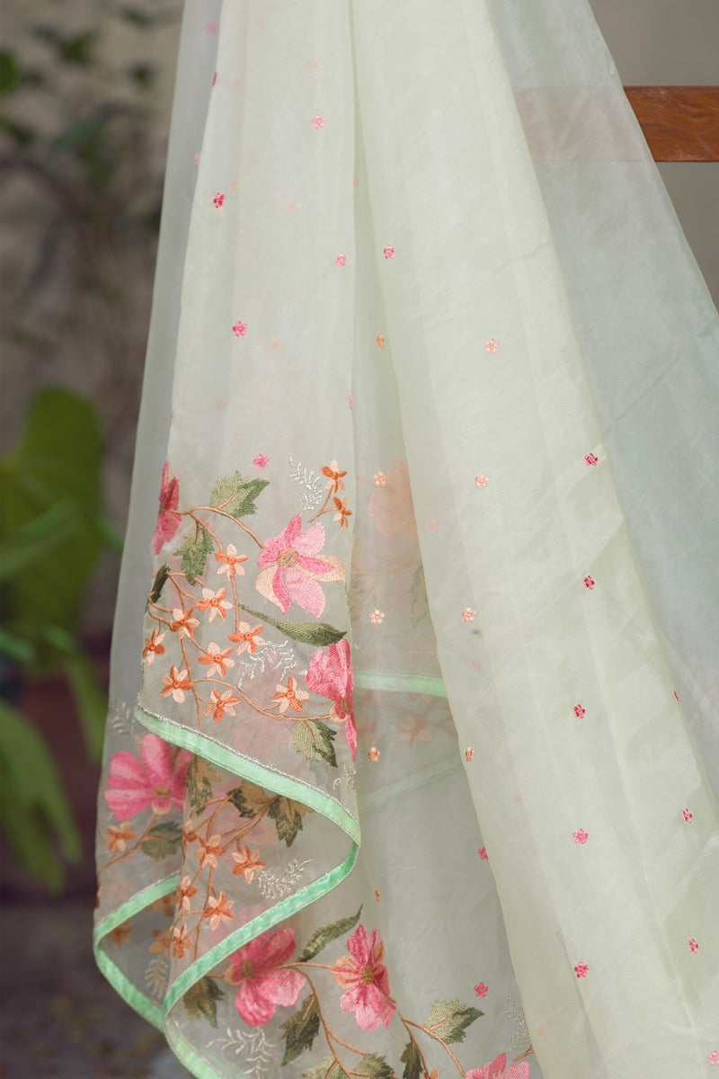 Soft Pink and Green Organza Saree with Detailed Flower Embroidery