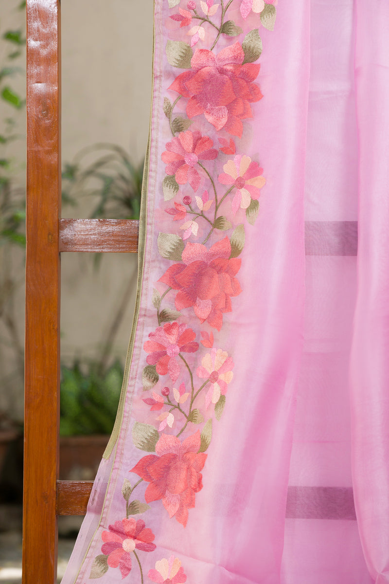 Soft Pink Organza Saree with Floral Detailing