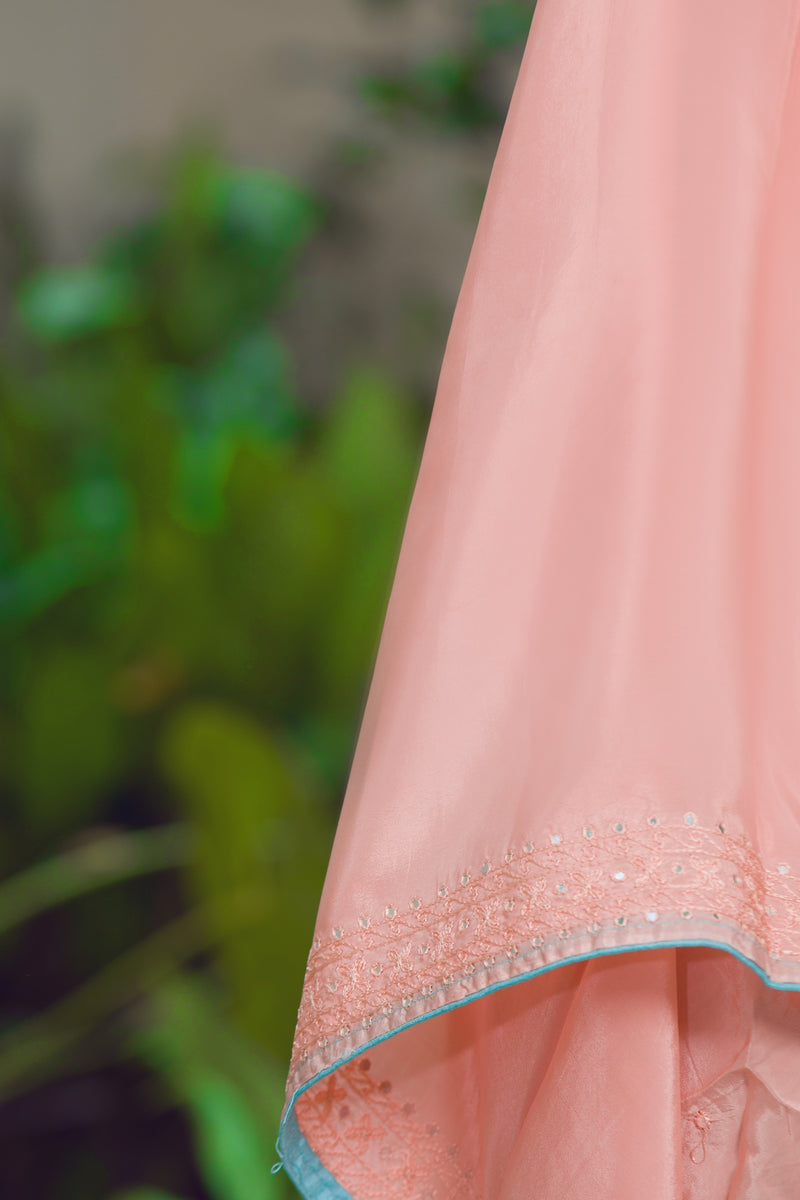 Stardust Organza Silk Saree in Gradient Peach and Blue with Detailed Embroidery Border