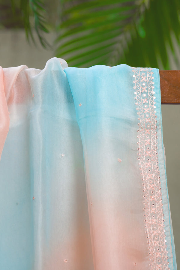 Stardust Organza Silk Saree - Pink and Blue Gradient with Embroidered Border