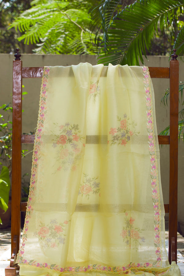 Lightweight summer saree in organza silk with pastel pink and lavender flower motifs