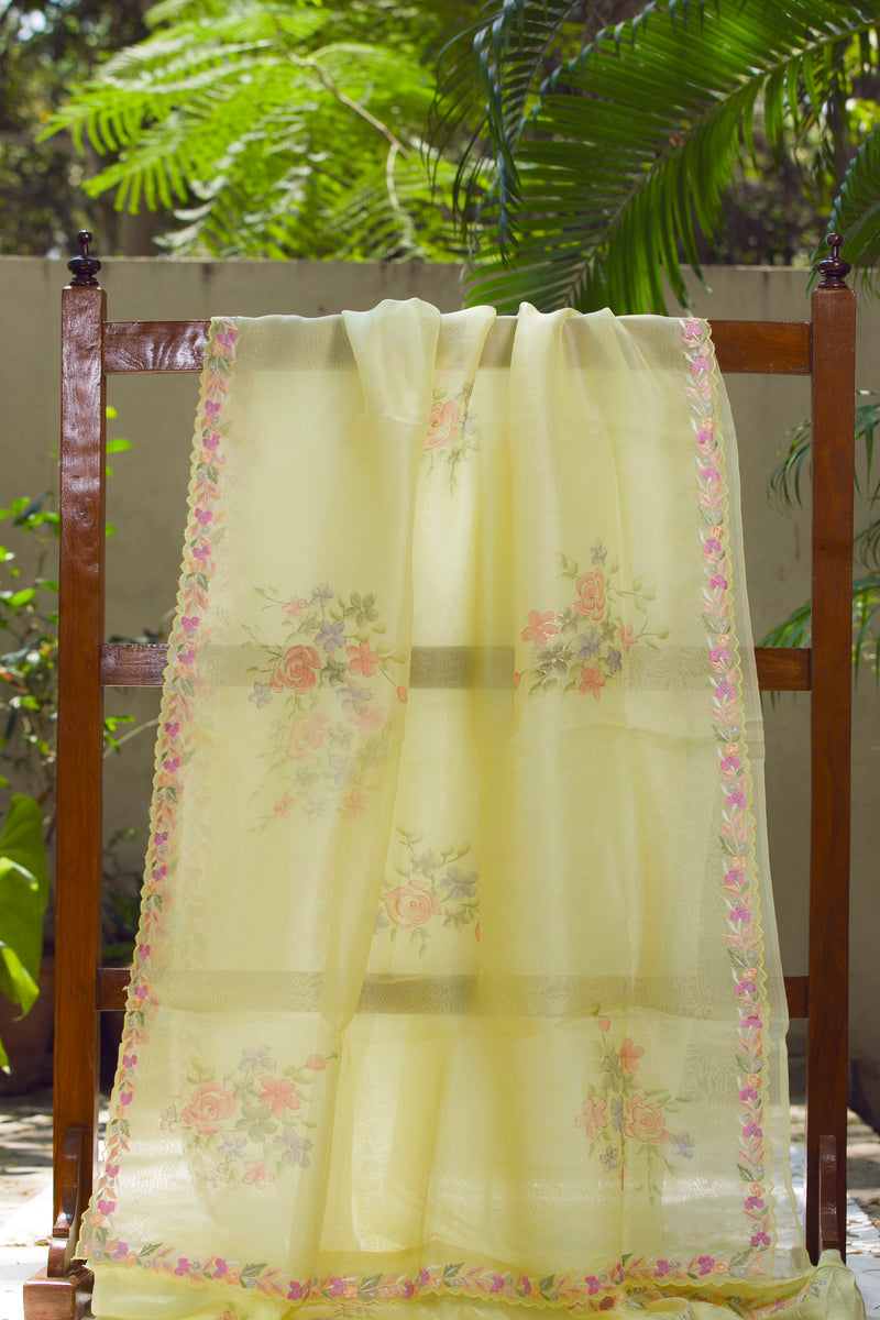 Lightweight summer saree in organza silk with pastel pink and lavender flower motifs