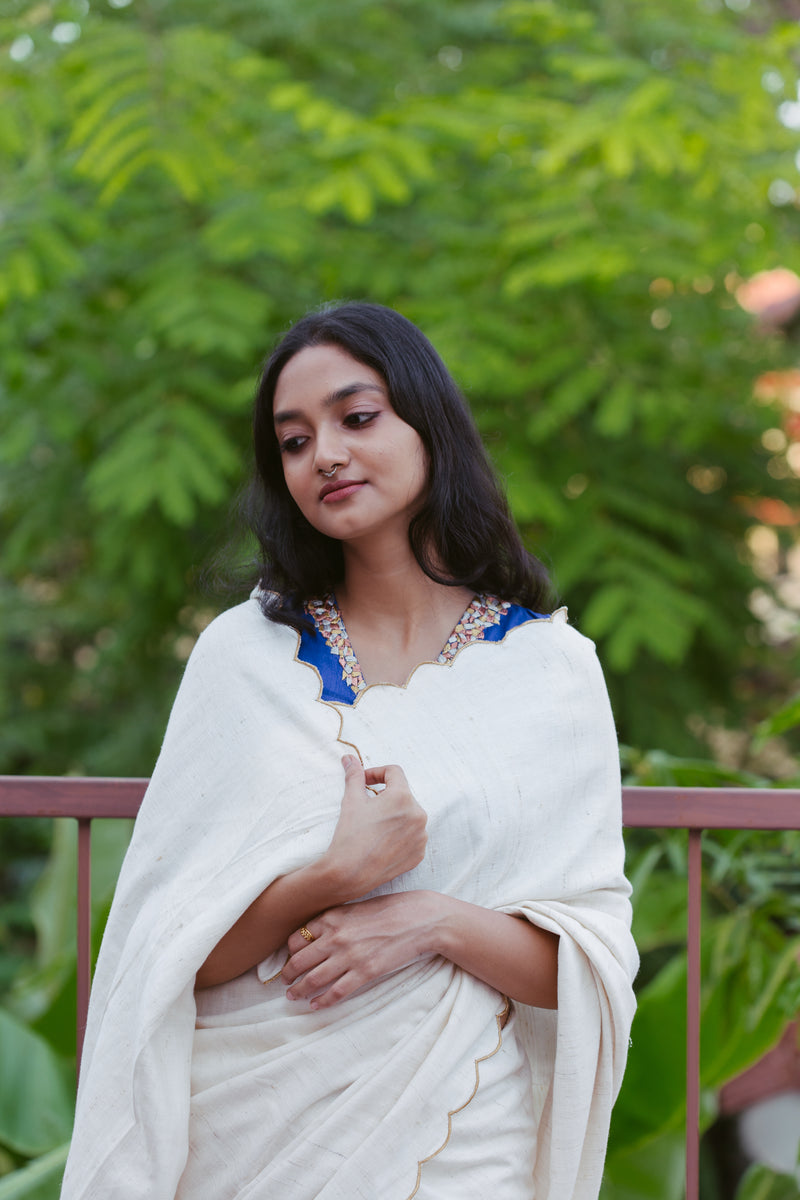 Traditional Katiya Silk Cotton Saree in Winter Moon Shade