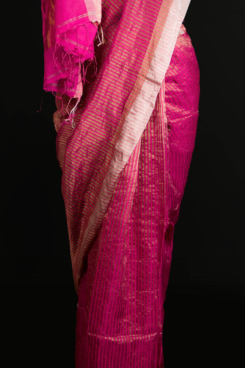Traditional Indian Pink Linen Saree with a Stylish Border