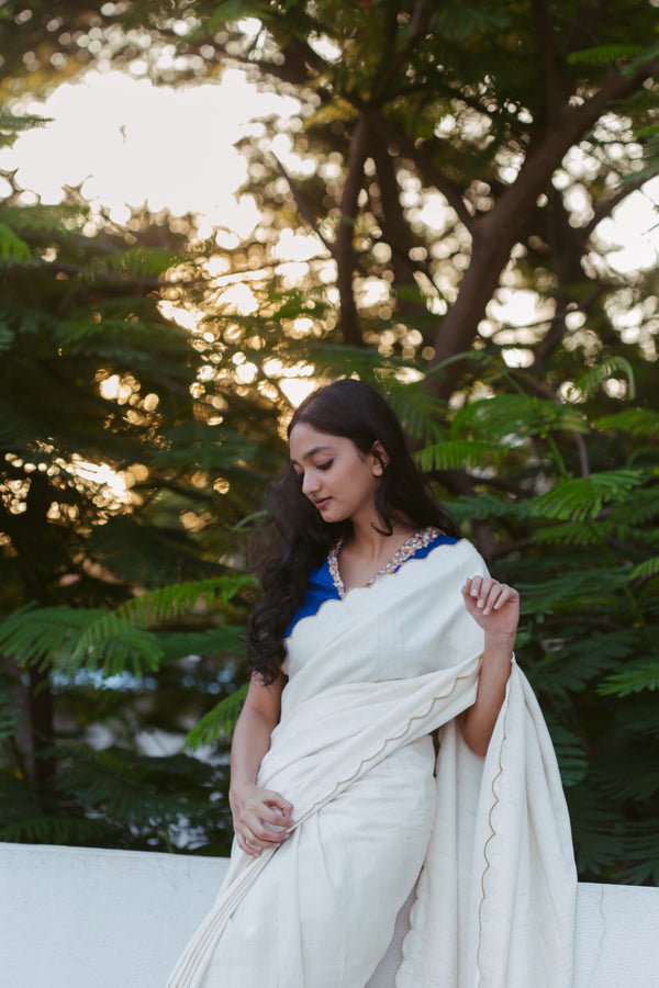 Winter Moon Katiya Silk Cotton Sari with Golden Scallops
