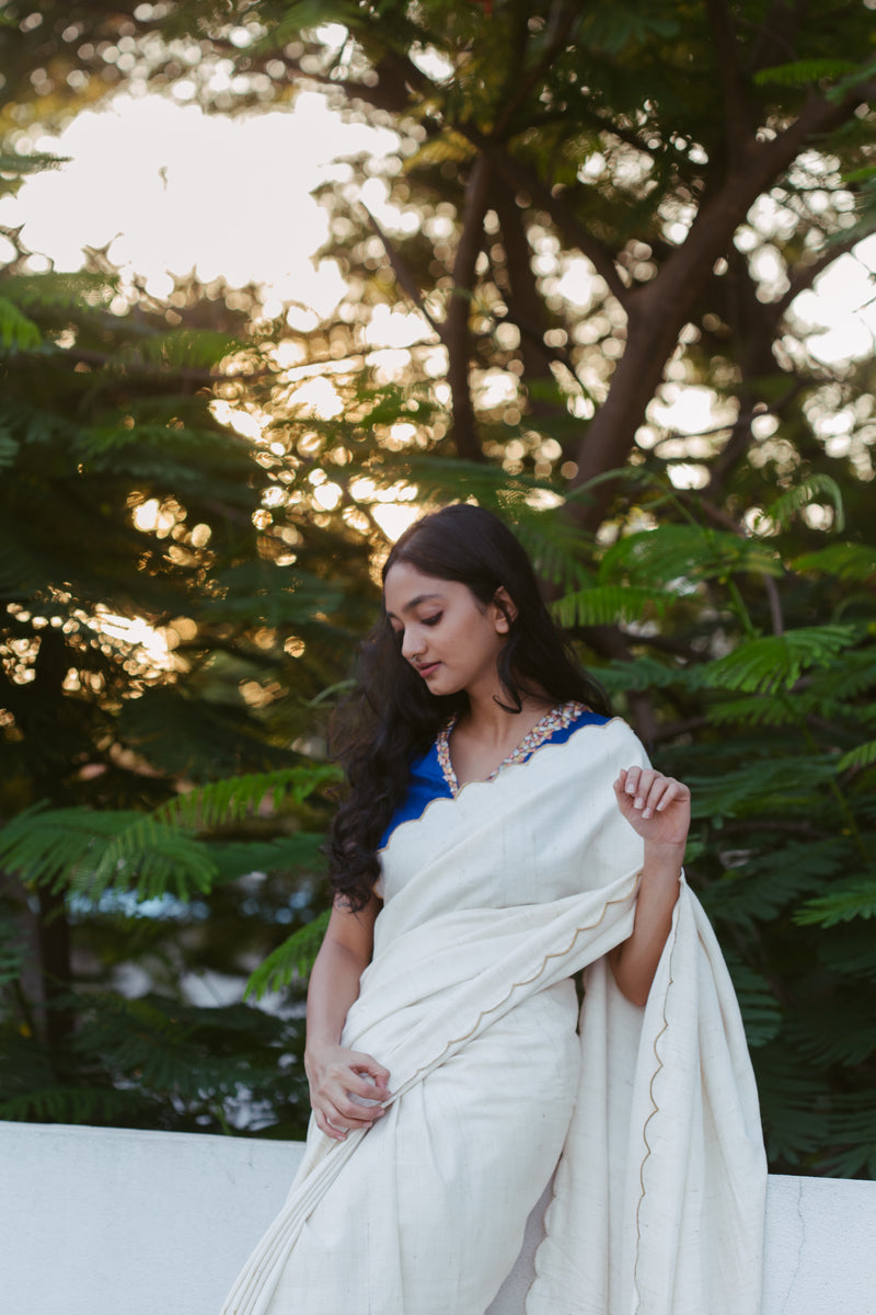 Winter Moon Katiya Silk Cotton Sari with Golden Scallops