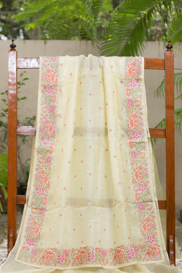Soft Yellow Kota Silk Saree with Vibrant Floral Embellishments